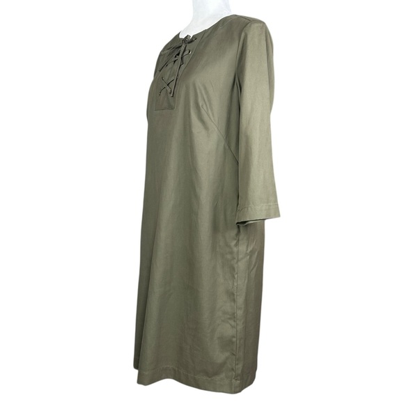 Talbots Shift Dress 10 Lace Up 3/4 Sleeve Tencel Blend Army Green Closet Staple - Picture 5 of 10